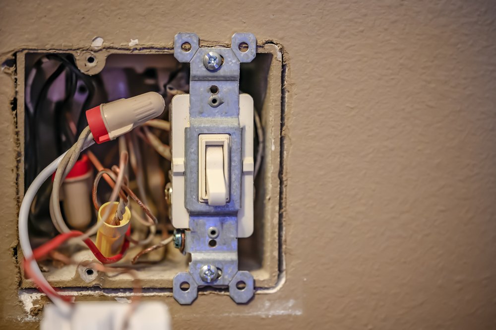 2 gang box with a light switch and loos wires. High quality photo